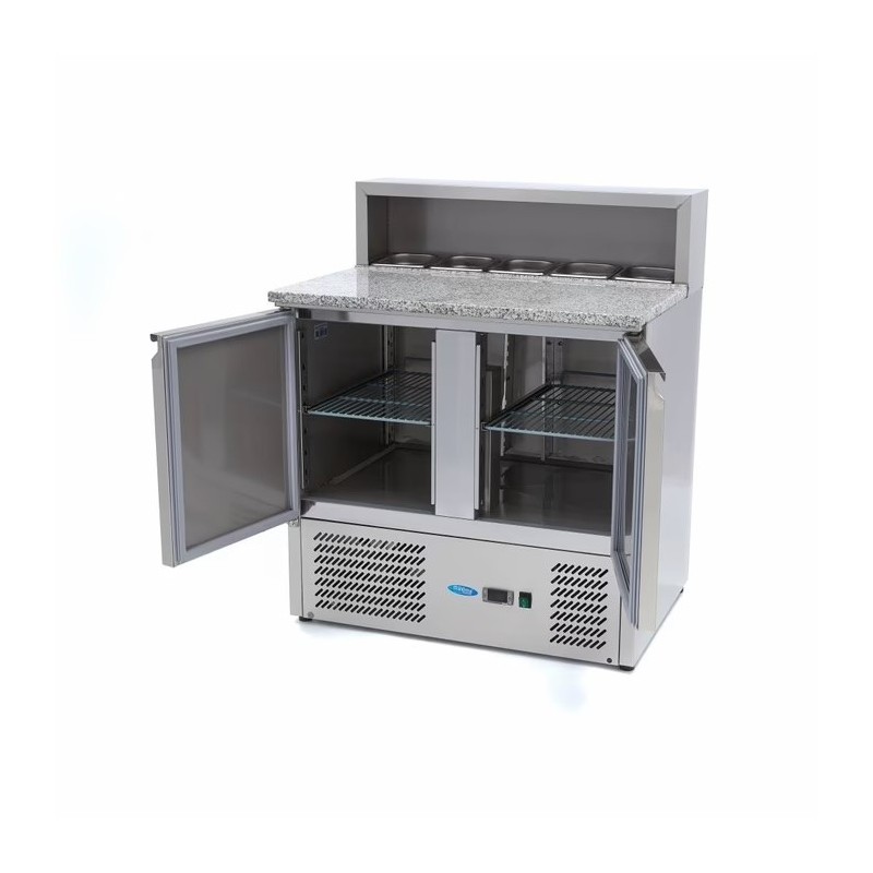 Mesas Refrigerado para Pizzas Preparacion - 90cm - 2 Puertas - para 5 x 1/6 GN - incl Tapa de Acero Inoxidable Máxima - Solucion