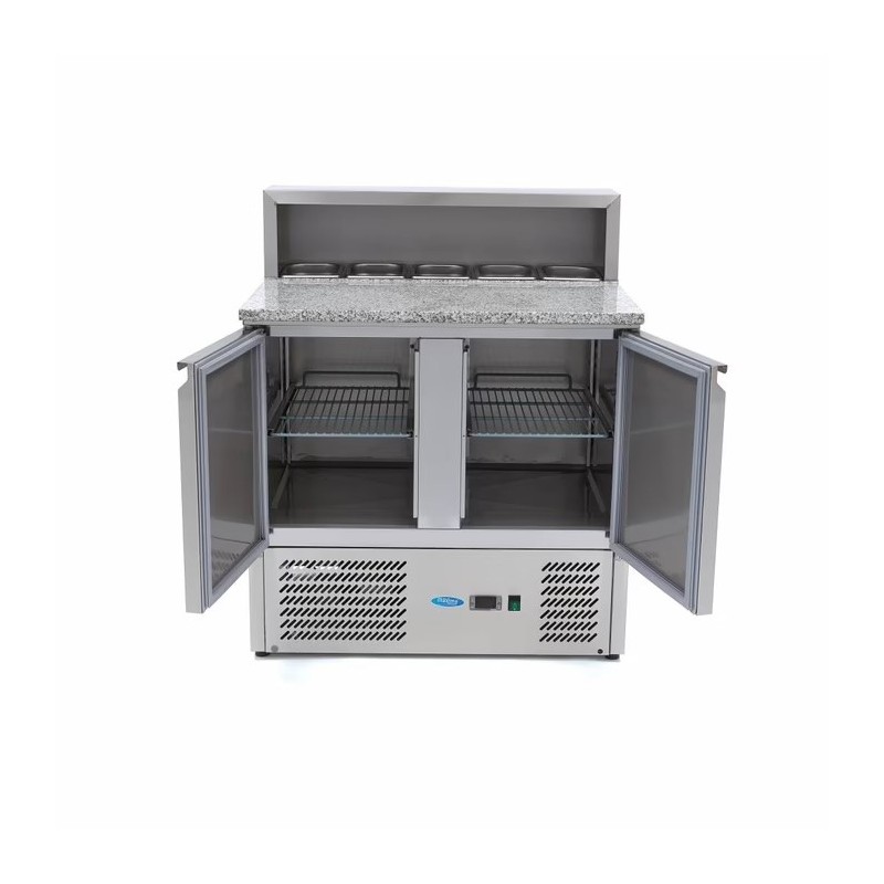 Mesas Refrigerado para Pizzas Preparacion - 90cm - 2 Puertas - para 5 x 1/6 GN - incl Tapa de Acero Inoxidable Máxima - Solucion